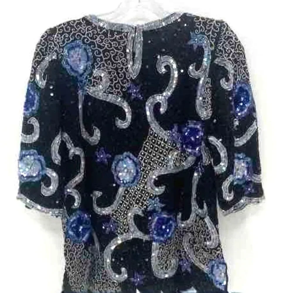 Women's Praise Hymn Black & Blue 100% Silk Top Size XS